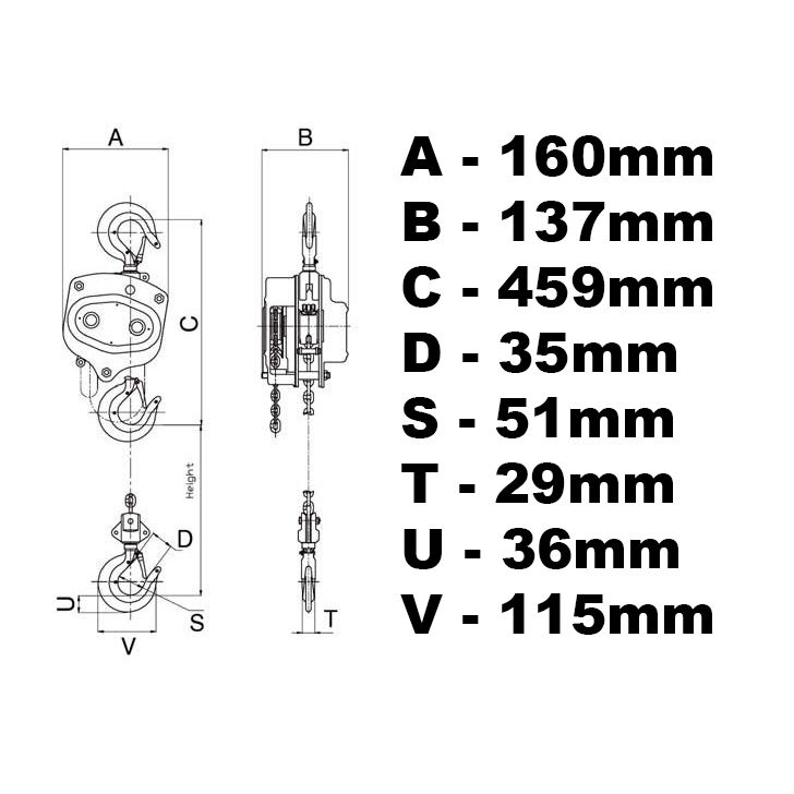 H2000 - ķēdes āķa vinča 2000kg 2t