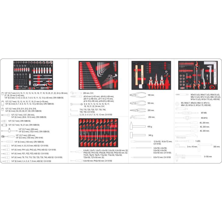 Instrumentu skapis YT-55290 ar 211 instrumentiem un 7 atvilktnēm