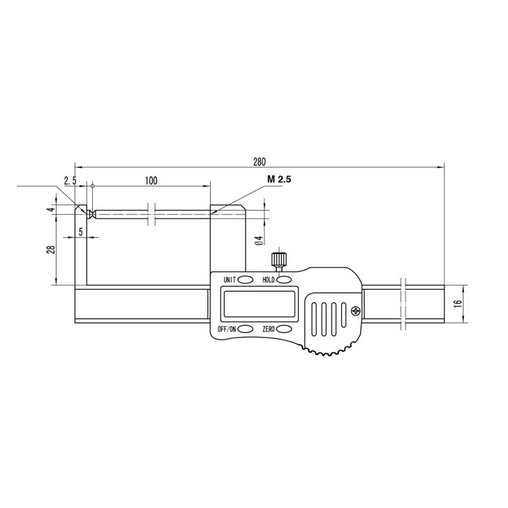 Digital caliper with long measuring probe