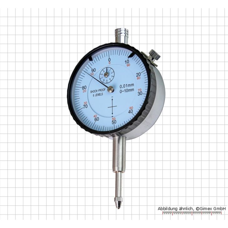 Dial indicator with inverted scale, 10 x 0.01 mm