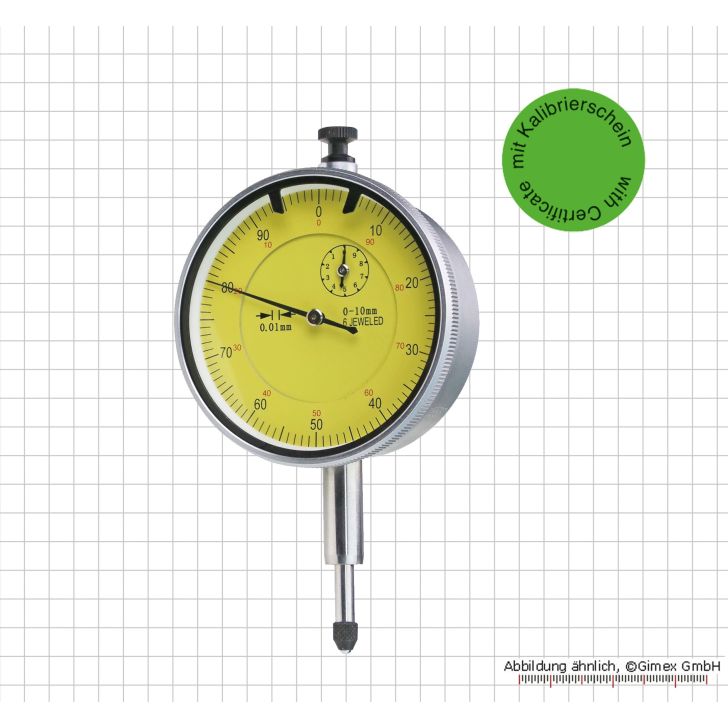 Dial indicator with stone bearings, 10 x 0.01 mm, with calibration certificate