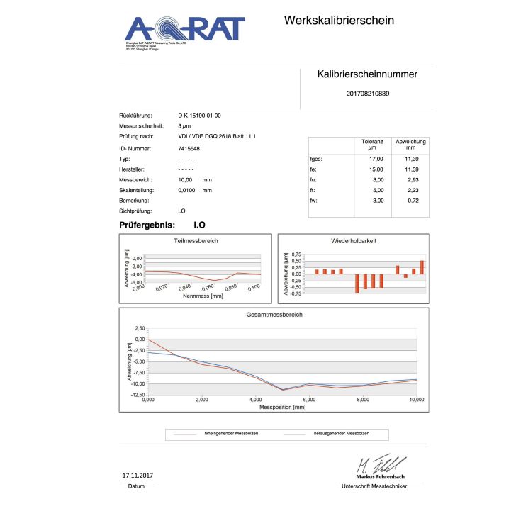 Dial indicator with stone bearings, 10 x 0.01 mm, with calibration certificate