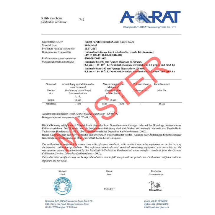 End size 1.0 mm, quality 1, with work calibration certificate