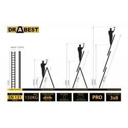 Trīsdaļīgas daudzfunkcionālas kāpnes DRABEST PRO 3x8