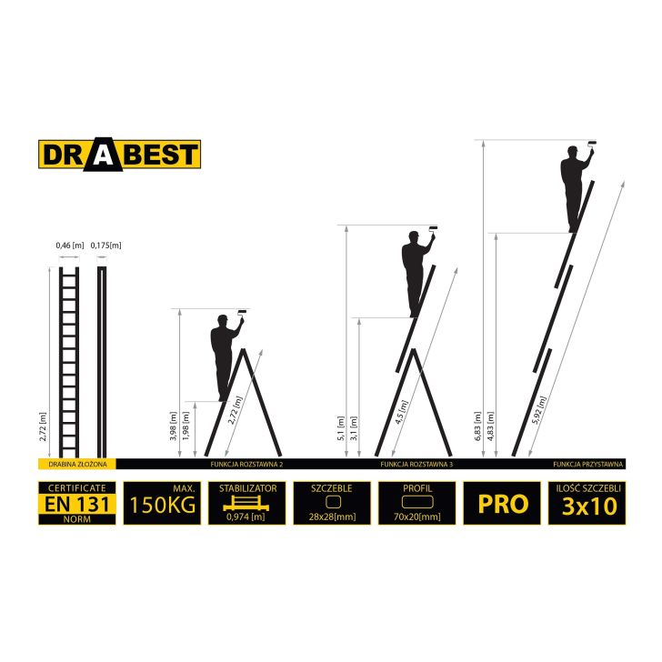 Лестница трехсекционная универсальная DRABEST PRO 3х10