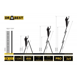 Trīsdaļīgas daudzfunkcionālas kāpnes DRABEST PRO 3x9