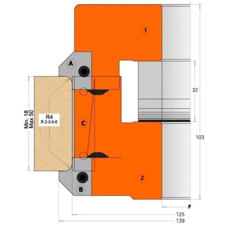 CMT Profile knife for milling for C694005 - Pair of Knives R2+45° prof.B2, bottom