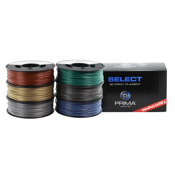 PrimaSelect PLA — 1,75 мм — 6 x 250 г — металлическая упаковка (Red, зеленый, синий, серебристый, золотой, серый)