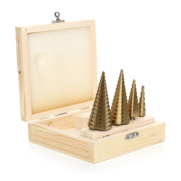 Step cone drill bit set 4pcs 4-32 mm in case