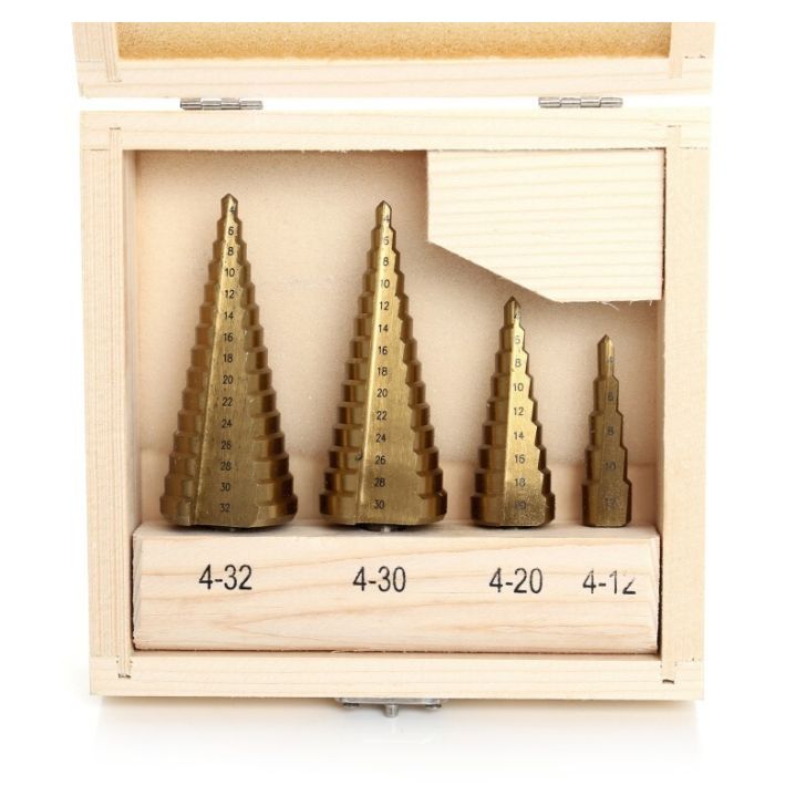 Step cone drill bit set 4pcs 4-32 mm in case