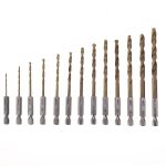 Titanium drill bits, double ground HSS 1.5 - 6.5 mm 13 pcs BIT HEX 1/4''