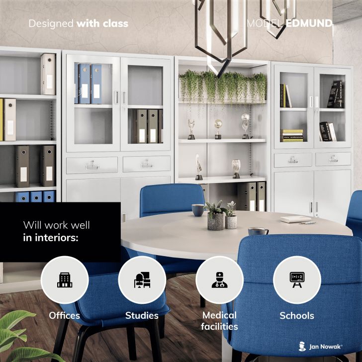 JAN NOWAK metāla biroja stikla durvju dokumentu skapis ar atvilktnēm EDMUND: pelēks