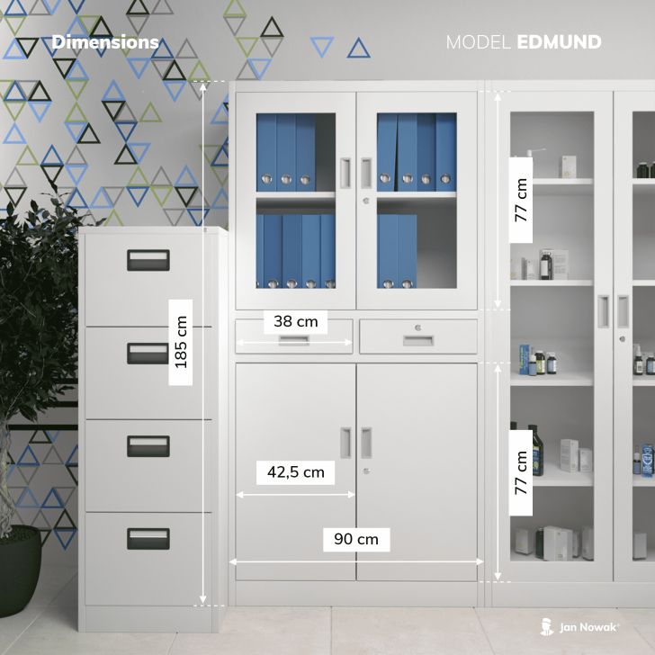 JAN NOWAK metal office glass door file cabinet with drawers EDMUND: gray