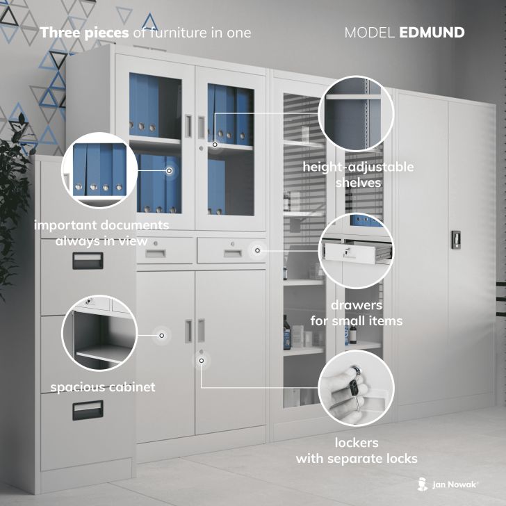 JAN NOWAK metal office glass door file cabinet with drawers EDMUND: gray