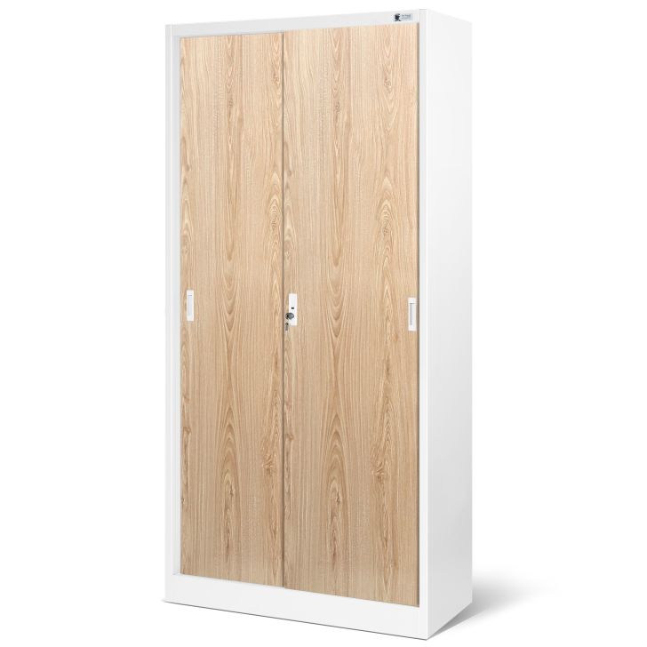 JAN NOWAK Eco Design metal office cabinet with sliding doors KUBA: white/sonoma oak