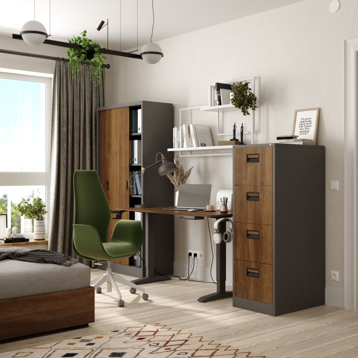 JAN NOWAK Eco Design metal office cabinet with sliding doors KUBA: anthracite/walnut