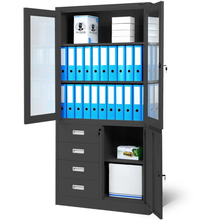 JAN NOWAK metal office glass door file cabinet with drawers WIOLA: anthracite