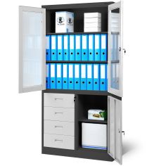 JAN NOWAK metāla biroja dokumentu skapis ar stikla durvīm ar atvilktnēm WIOLA: antracīts-balts 2