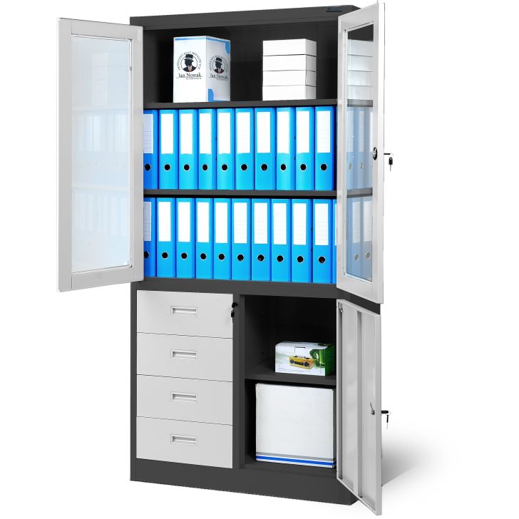 JAN NOWAK metal office filing cabinet with glass doors and drawers WIOLA: anthracite-white