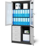 JAN NOWAK metal office filing cabinet with glass doors and drawers WIOLA: anthracite-white