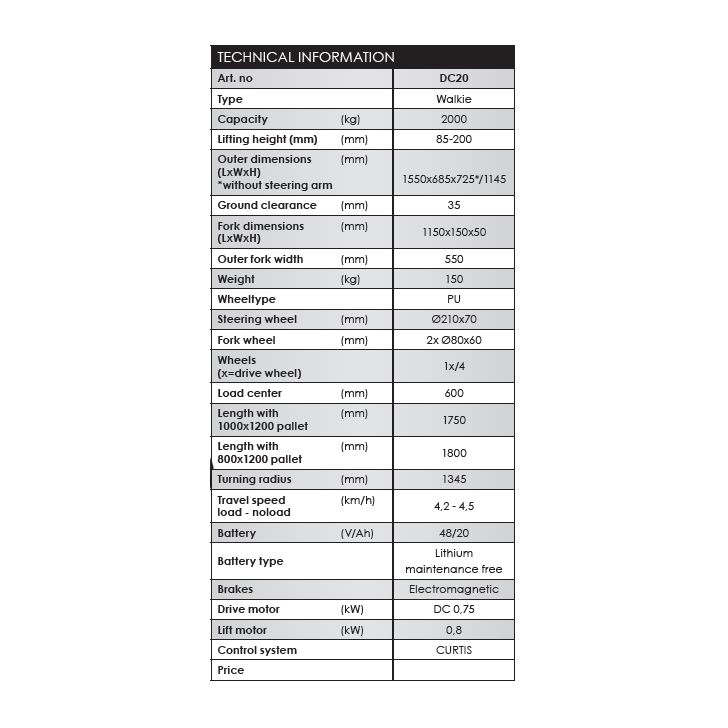 Паллетная тележка DC20, 2000 кг