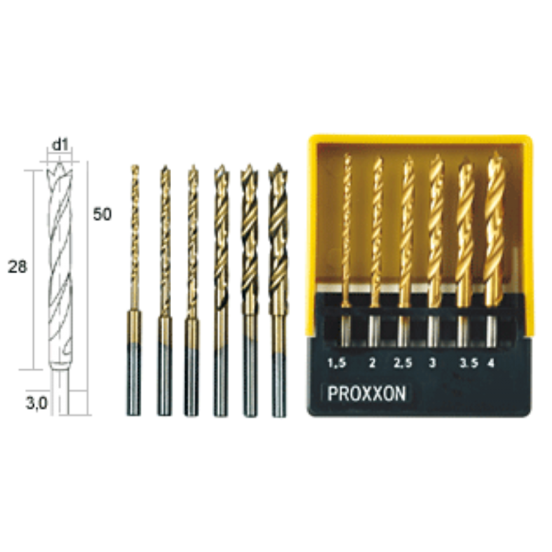 HSS spirālurbji Ø 1.5-4mm, 6gab, komplekts, PROXXON MICROMOT System, smalkmehāniķiem