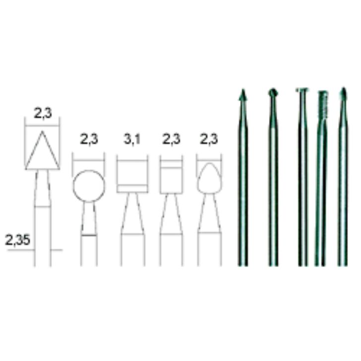 Tungsten-vanadium burrs 2.3/3.1 mm, set, 5 pcs, PROXXON MICROMOT System, for precision mechanics