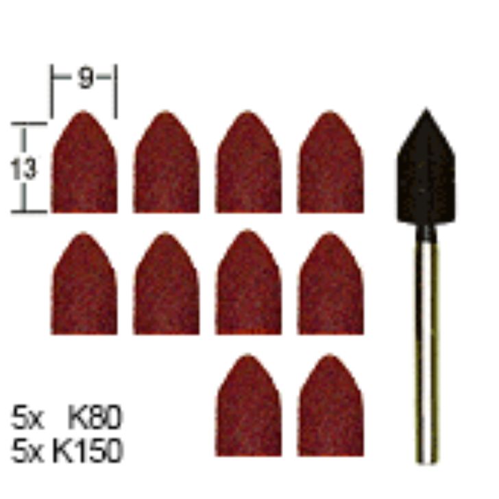 Slīpēšanas uzgaļi no smilšpapīra 9x13mm, 10gb, ar turētāju, komplekts, PROXXON MICROMOT System, art. 28 987