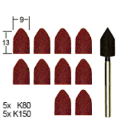 Slīpēšanas uzgaļi no smilšpapīra 9x13mm, 10gb, ar turētāju, komplekts, PROXXON MICROMOT System, art. 28 987