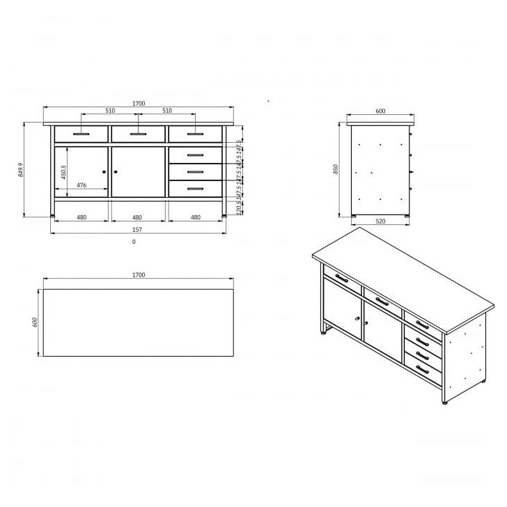 HENRY darbagalds ar atvilktnēm un skapjiem BLUE