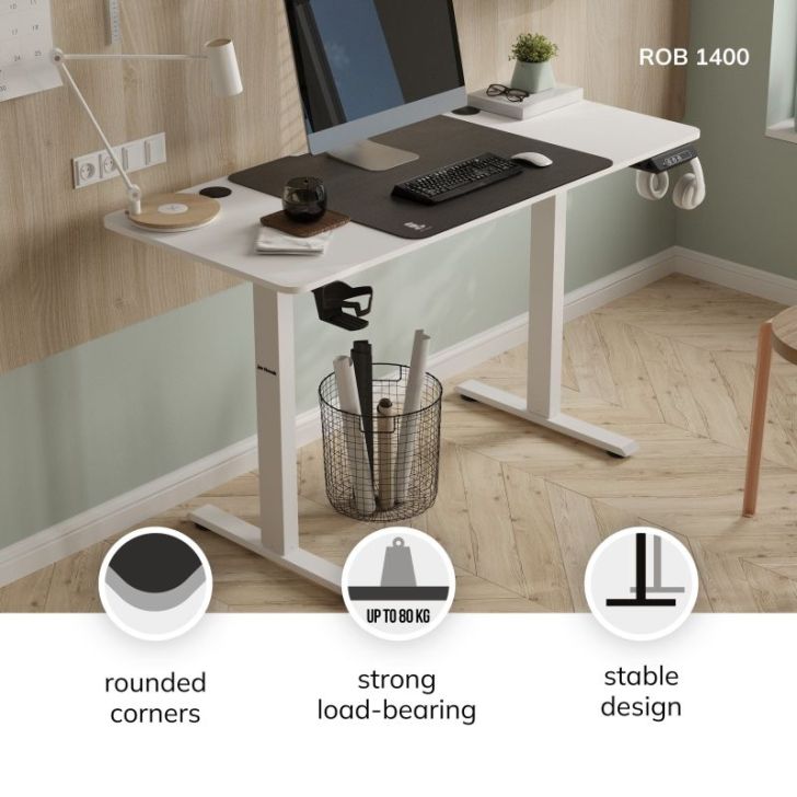 Regulējams biroja galds ROB, 1400 x 720 x 600 mm, balts
