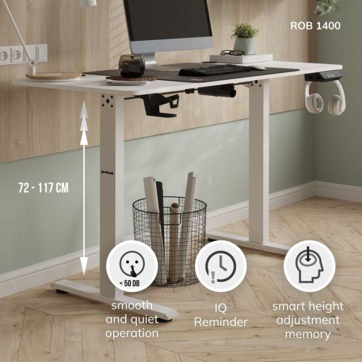 Regulējams biroja galds ROB, 1400 x 720 x 600 mm, balts