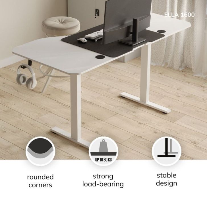 Liels lifts, darba galds ELLA, 1600 x 720 x 750 mm, balts