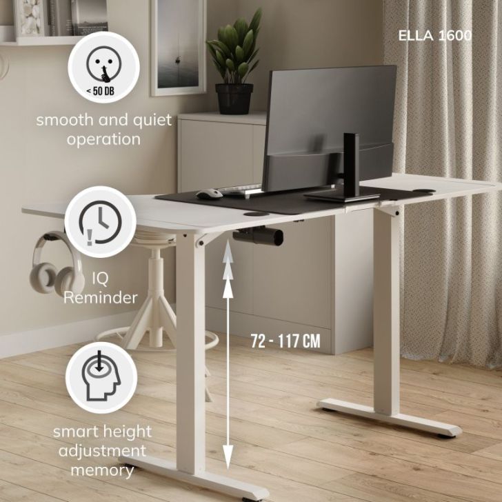 Liels lifts, darba galds ELLA, 1600 x 720 x 750 mm, balts
