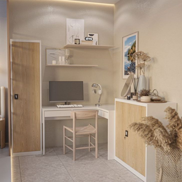 Metāla skapis ar durvīm BEATA, 900 x 930 x 400 mm, eko dizains: balts/ sonomas ozols