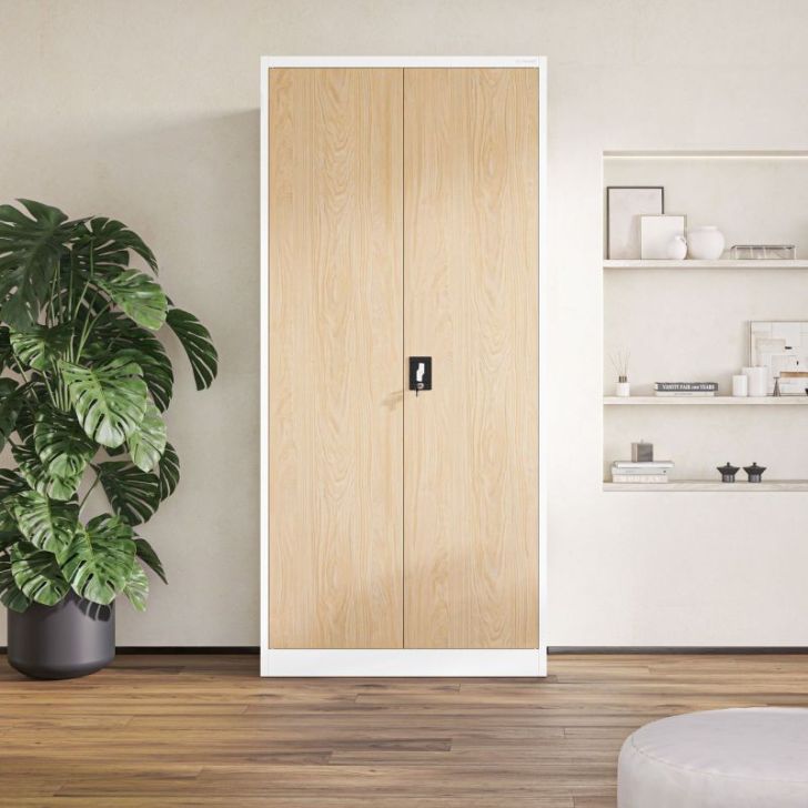 Metāla biroja skapis JAN H, 900 x 1950 x 400 mm, eko dizains: balts/ Sonomas ozols