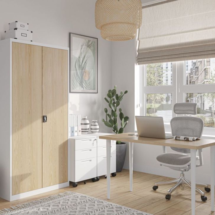 Metāla biroja skapis JAN, 900 x 1850 x 400 mm, eko dizains: balts/ Sonomas ozols