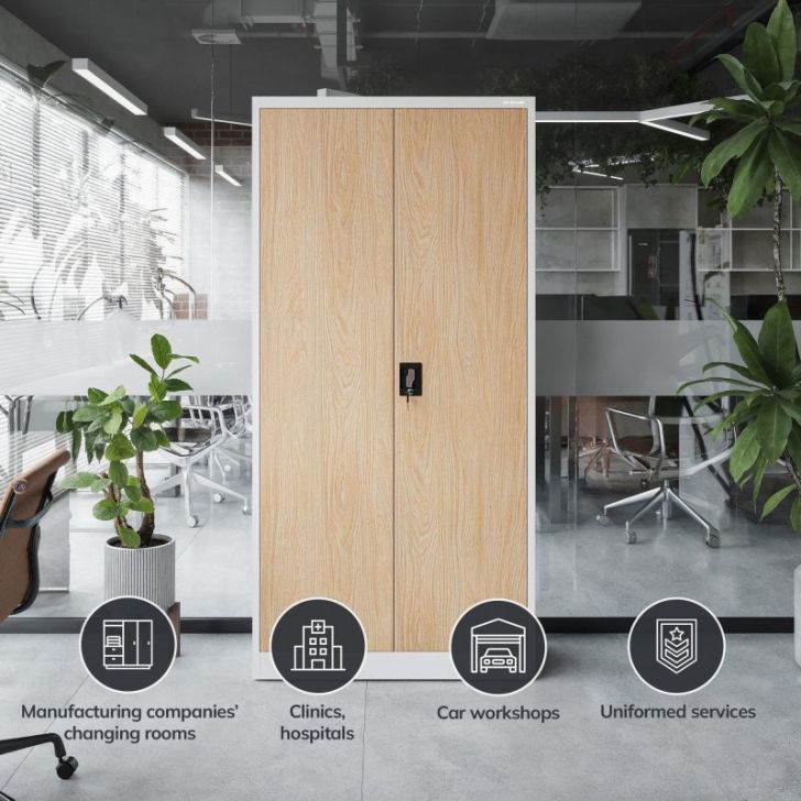 Metāla biroja skapis JAN, 900 x 1850 x 400 mm, eko dizains: balts/ Sonomas ozols