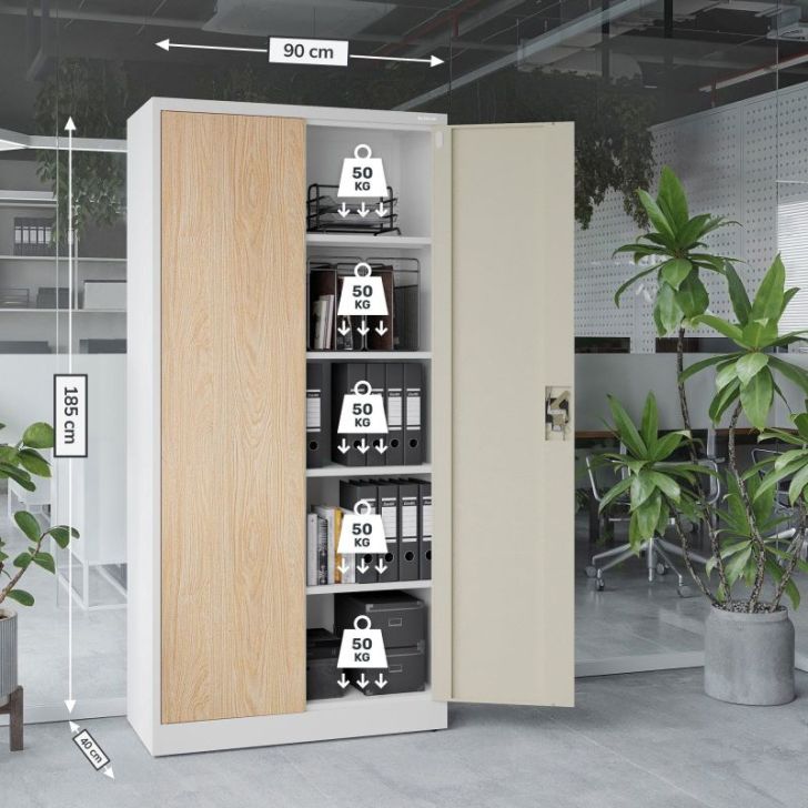 Metāla biroja skapis JAN, 900 x 1850 x 400 mm, eko dizains: balts/ Sonomas ozols