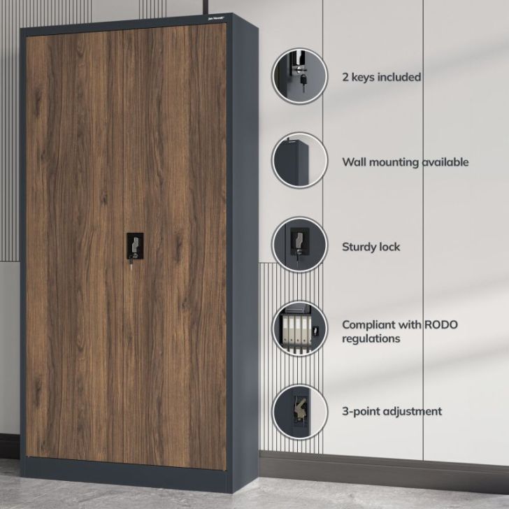 Metāla biroja skapis JAN, 900 x 1850 x 400 mm, eko dizains: antracīts/ valrieksts