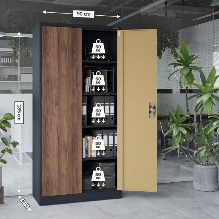 Metāla biroja skapis JAN, 900 x 1850 x 400 mm, eko dizains: antracīts/ valrieksts