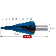 HSS-XE izturīga, zila pārklājuma pakāpiena urbjmašīna, 4-20 mm, CBN zemējums, 2 griešanas malas