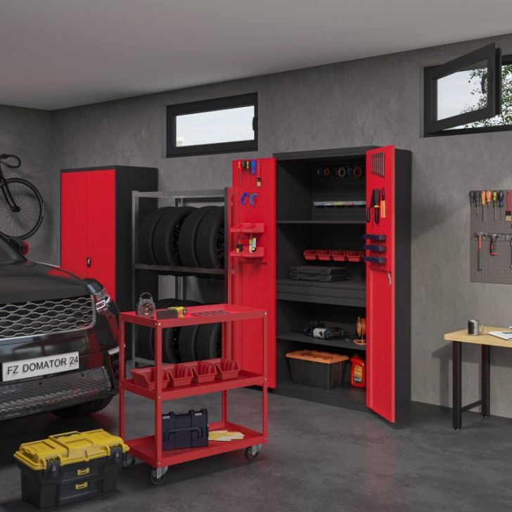SZYMON metāla darbnīcas un instrumentu skapis, 920 x 1850 x 500 mm, antracīta sarkans