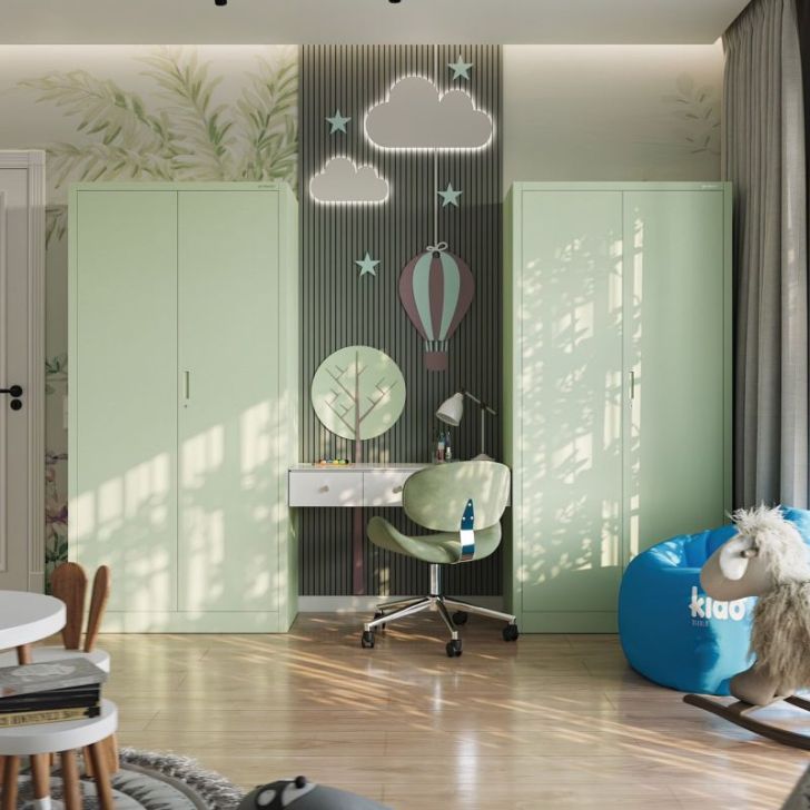 Divu durvju skapis ar plauktiem JAN H, 900 x 1950 x 400 mm, Fresh Style: pasteļzaļš