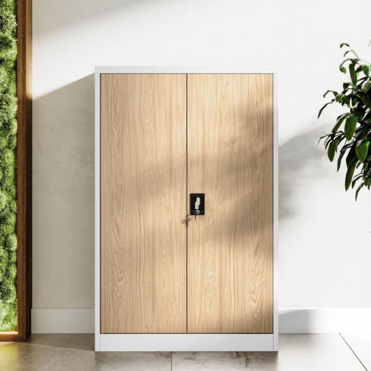 KEVIN metāla biroja skapis, 900 x 1400 x 400 mm, Eco Design: balts/sonoma ozols