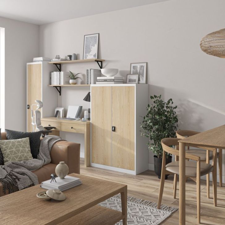 KEVIN metāla biroja skapis, 900 x 1400 x 400 mm, Eco Design: balts/sonoma ozols