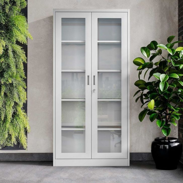 Skapis ar stikla durvīm un stiklu AMELIA, 900 x 1850 x 400 mm, pelēks