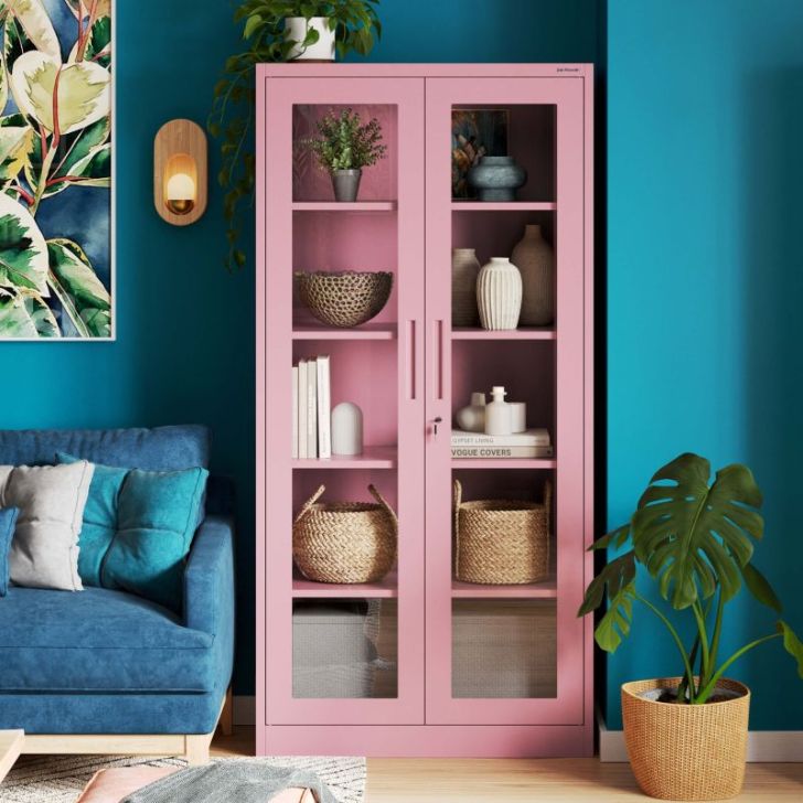 AMELIA stikla skapis, 900 x 1850 x 400 mm, Fresh Style: pūderrozā krāsā