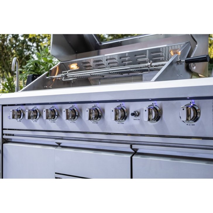 Āra virtuves gāzes grils 6 degļi ledusskapis izlietne nerūsējošais tērauds