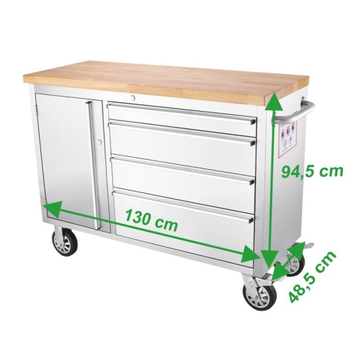 130 cm nerūsējošā tērauda darbnīcas ratiņi ar 4 atvilktnēm (48")